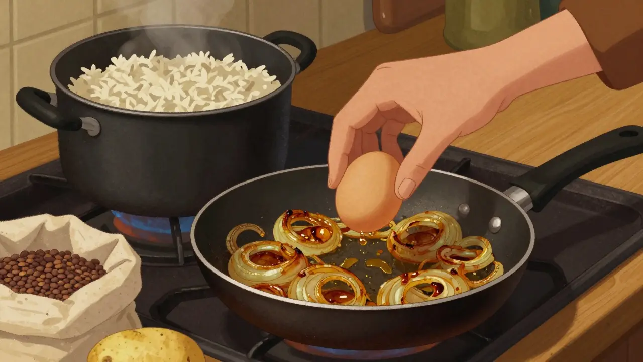 Rukou držená vejce na pánvi s osmaženou cibulí a vařící se rýží na pozadí.