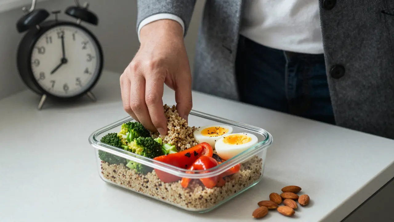Rychlá příprava zdravého obědu s quinou, zeleninou a vajíčkem v kuchyni.