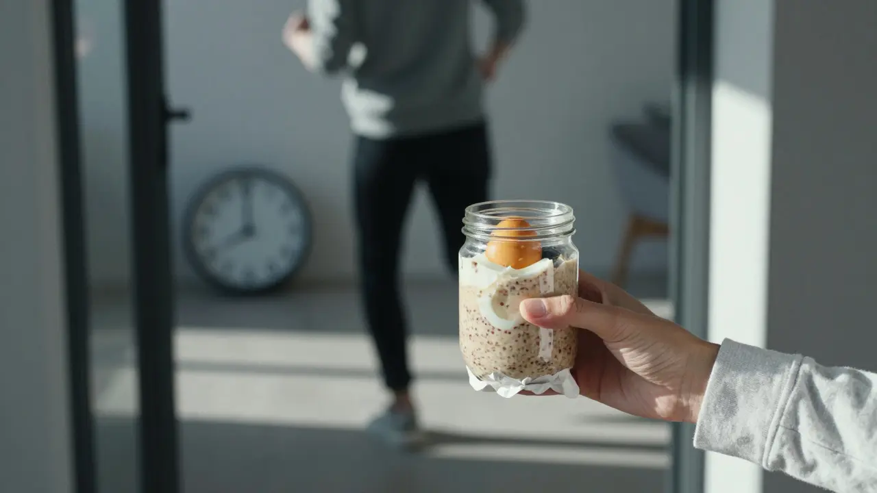 Rychlá připravená snídaně v nádobce a vařené vajíčko pro osoby s omezeným časem.