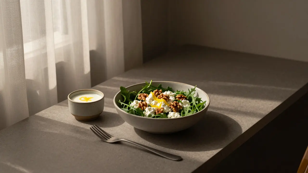 Salát z listové zeleniny, tvarohu a oříšků s kefírem na minimalistickém stole.