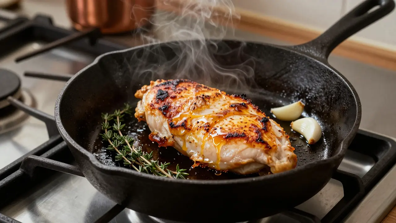 Smažené kuřecí prsník na horké pánvi s kůrou a bylinkami.