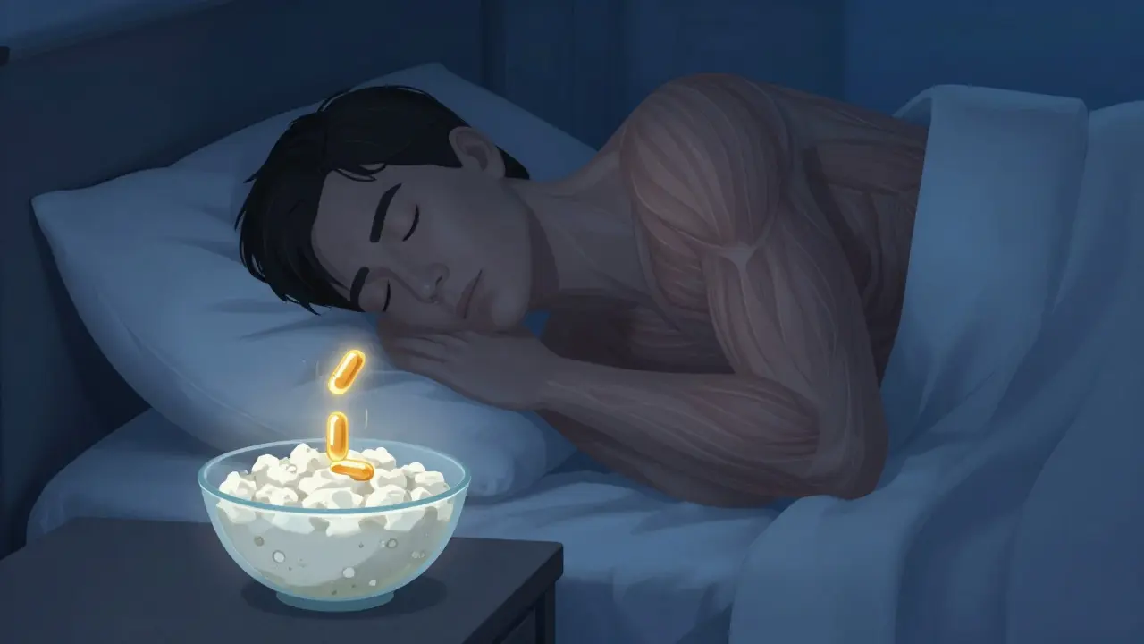 Spící člověk s průběhem aminokyselin z tvarohu v nočním světle.