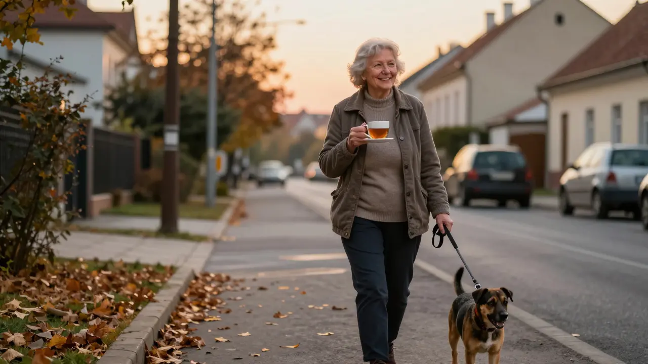 Stará žena prochází s psy ve večerním Brně, drží hrnek čaje, bez jídla.