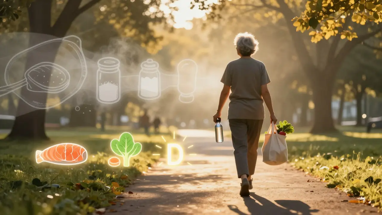 Starší osoba kráčí v slunečném parku s občerstvením, zatímco nezdravé potraviny mizí v mlze.