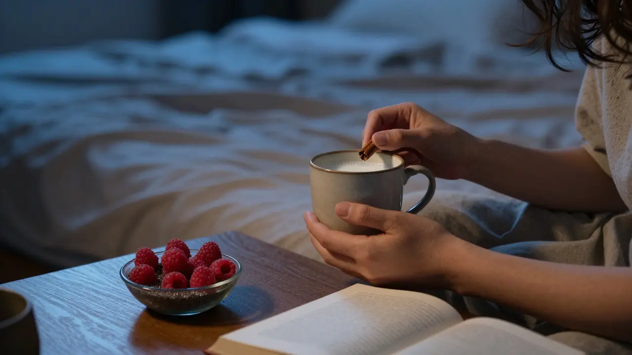 Teplé mléko s skořicí a malinami s lněnými semínky na nočním stolku před spaním.