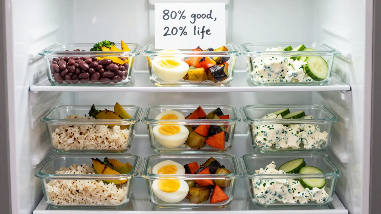 Týdenní příprava jídel v skleněných nádobách v lednici s přírodním osvětlením