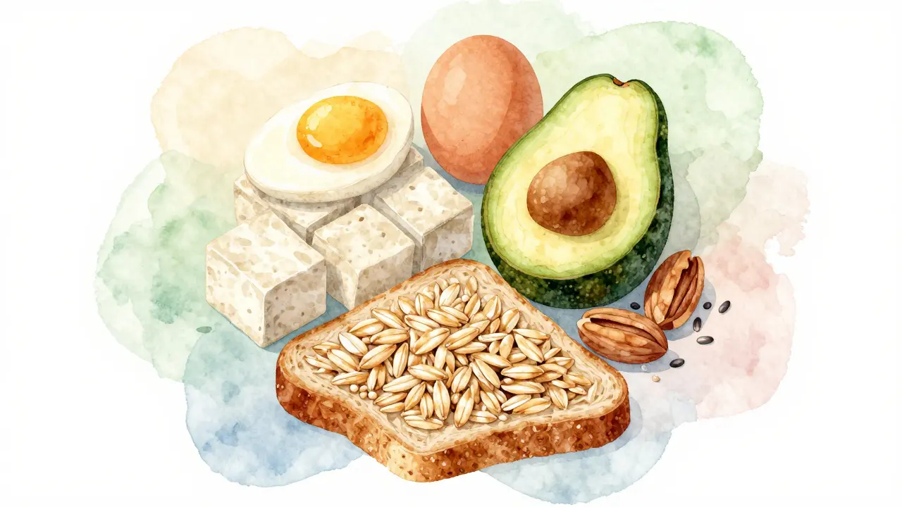 Umělecká ilustrace tří klíčových složek zdravé snídaně: sacharidy, bílkoviny a zdravé tuky.