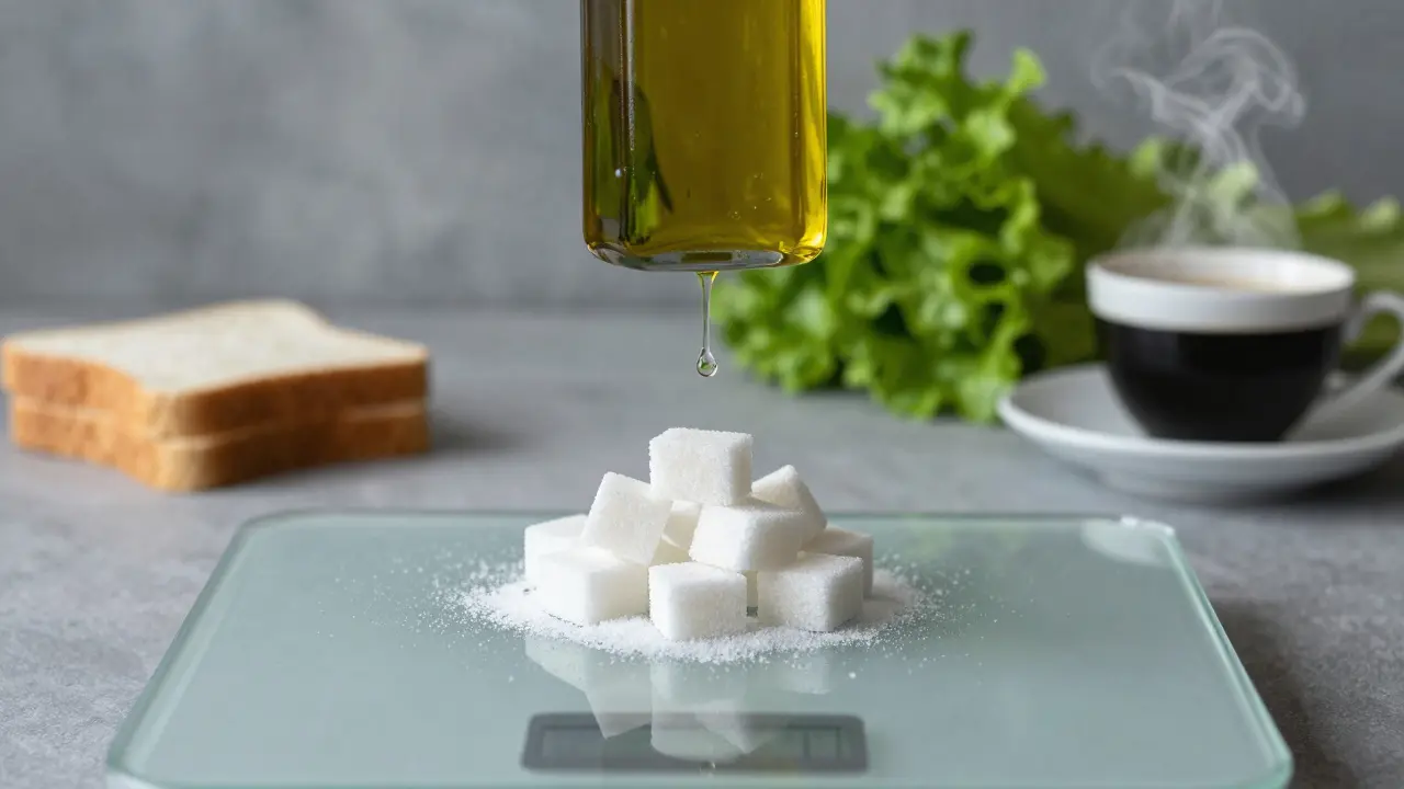 Váha ukazuje úbytek hmotnosti, zatímco cukr a chléb se mění v prach.