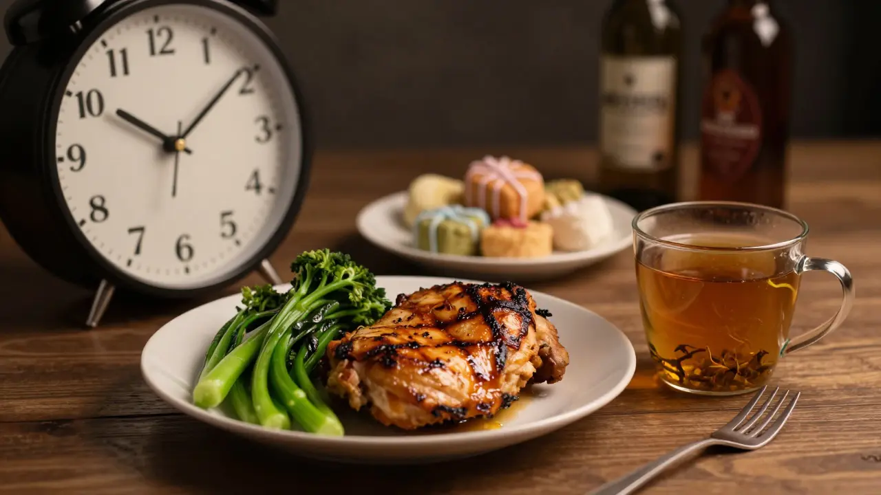 Večerní jídlo se zdravými potravinami a stínem sladkých nápojů.