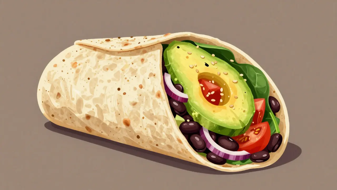 Vegetariánské buritko s černou fazolí, avokádem a čerstvou zeleninou rozříznuté na polovinu.