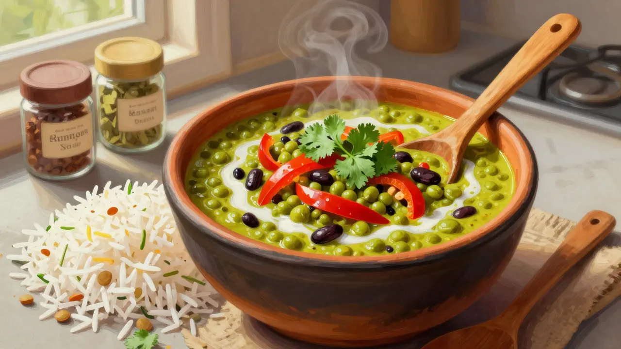 Vegetariánský curry s čočkou, kokosovým mlékem a zeleninou na talíři.