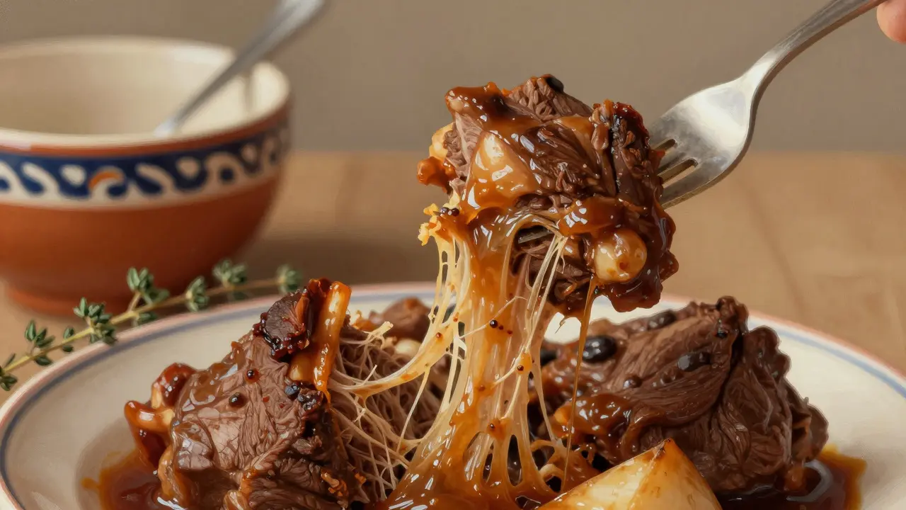 Vidlička rozkládá měkké maso v bohaté omáčce, viditelné vlákna a želatina.