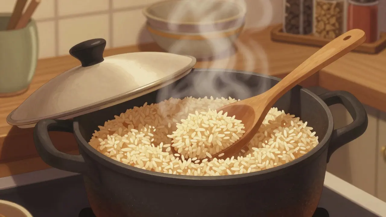 Zavřený hrnek s vařící rýží na slabém ohni, dřevěná lžíce rozkoukává zrnka.