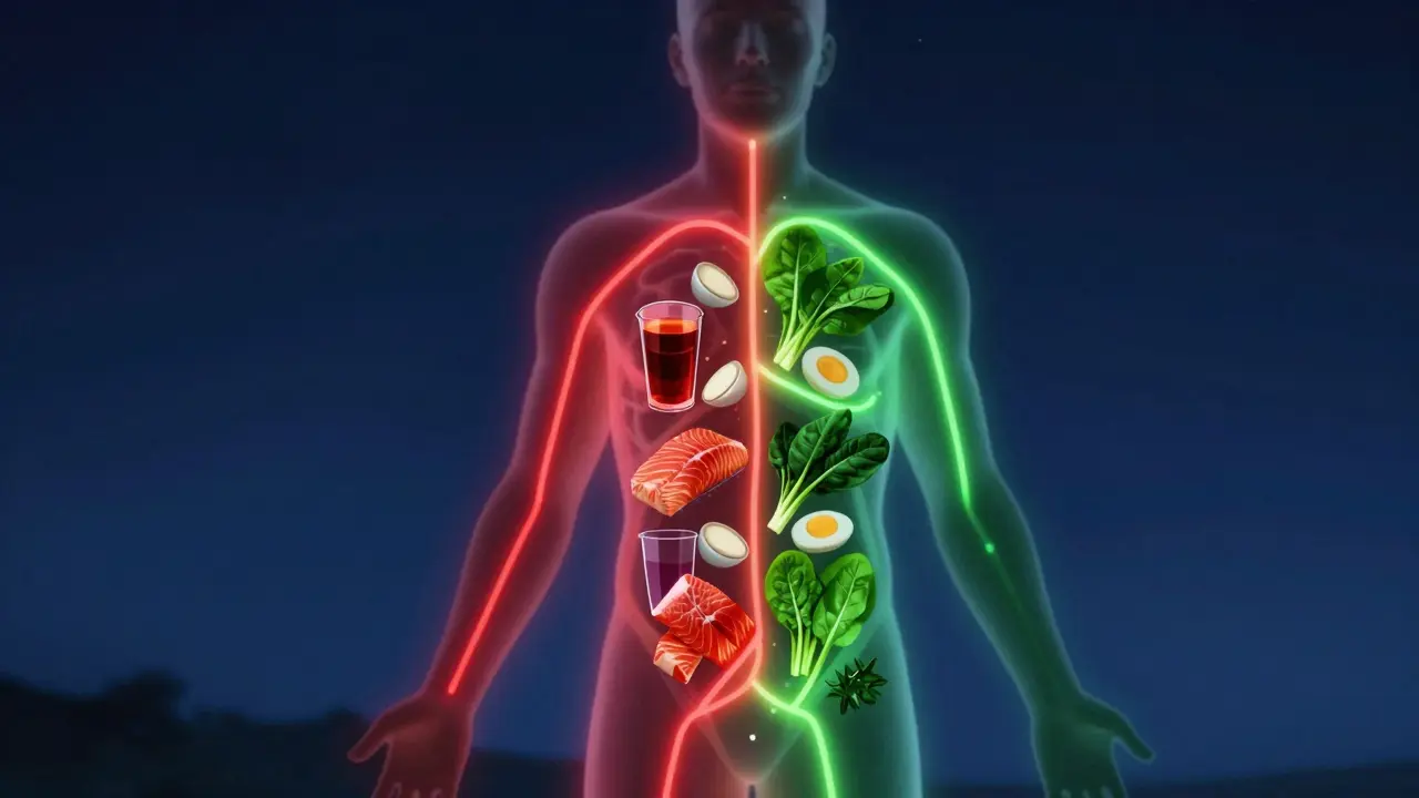 Abstraktní obrázek těla s přepínáním mezi blokujícími a podporujícími potravinami při spánku.