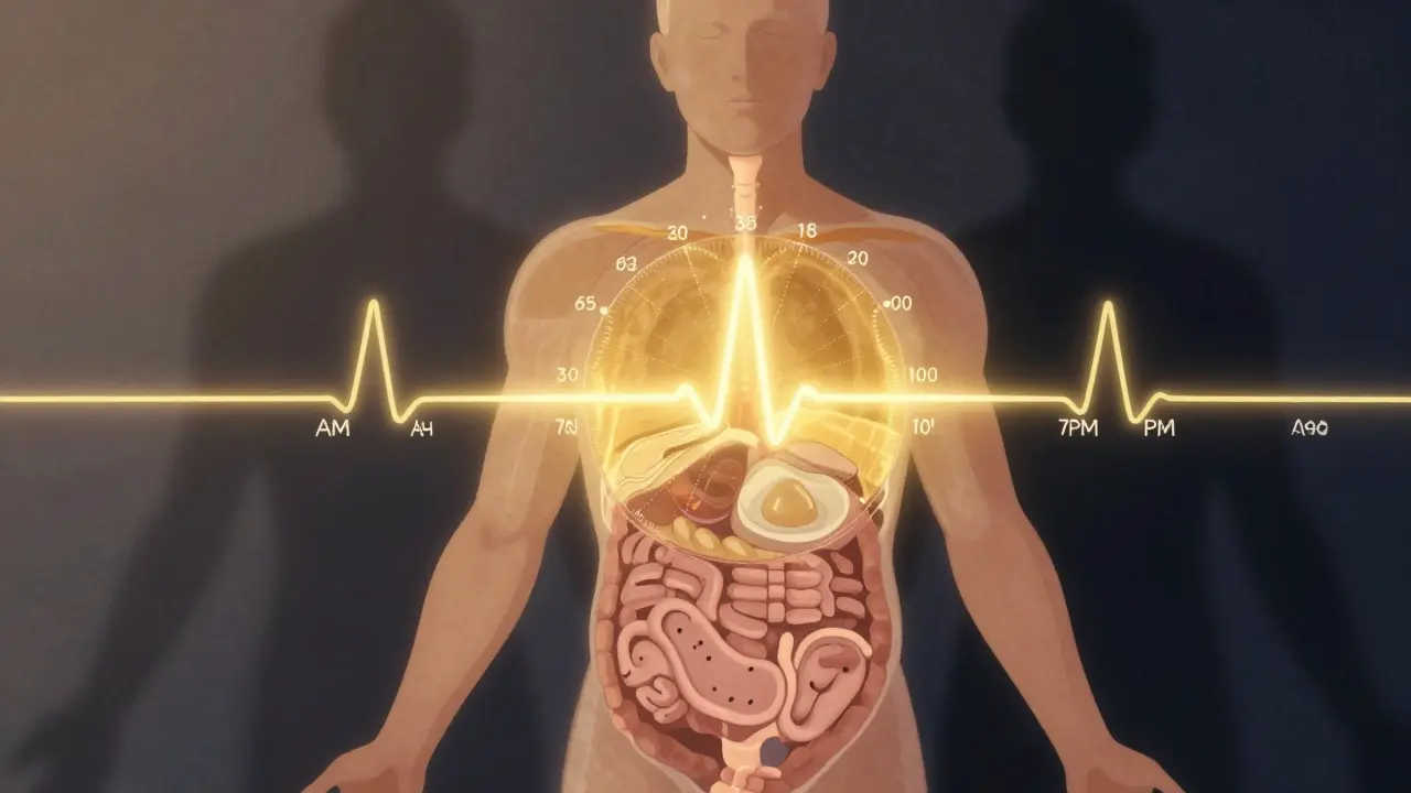 Abstraktní znázornění cirkadiánního rytmu těla s označenými časy jídla a metabolismem.