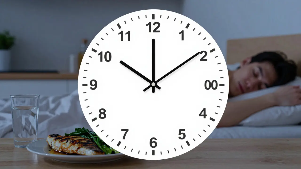 Časový přehled dne s klíčovými okamžiky pro spalování tuků: jídlo, půst a spánek.