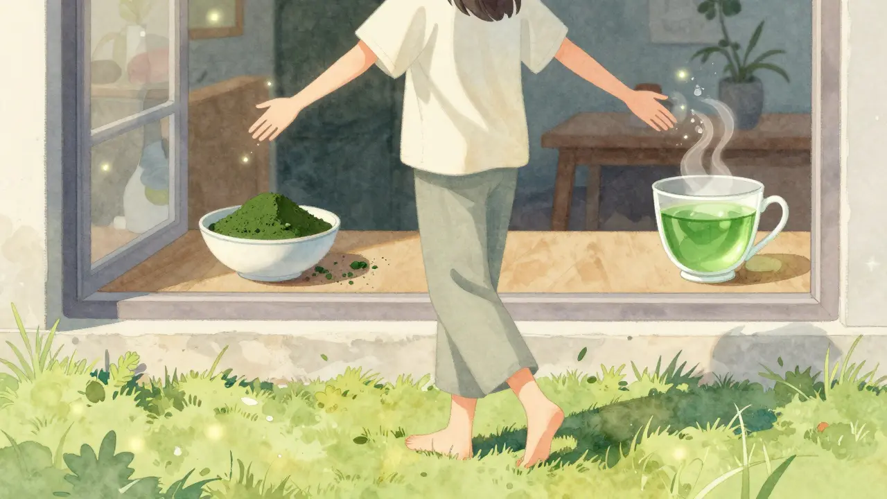 Člověk se probouzí na slunci venku, za ním jsou zdravé potraviny na stole.