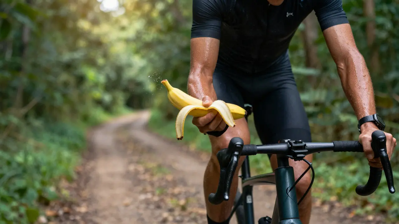 Cyklista během jízdy drží banán v ruce při záři rána.