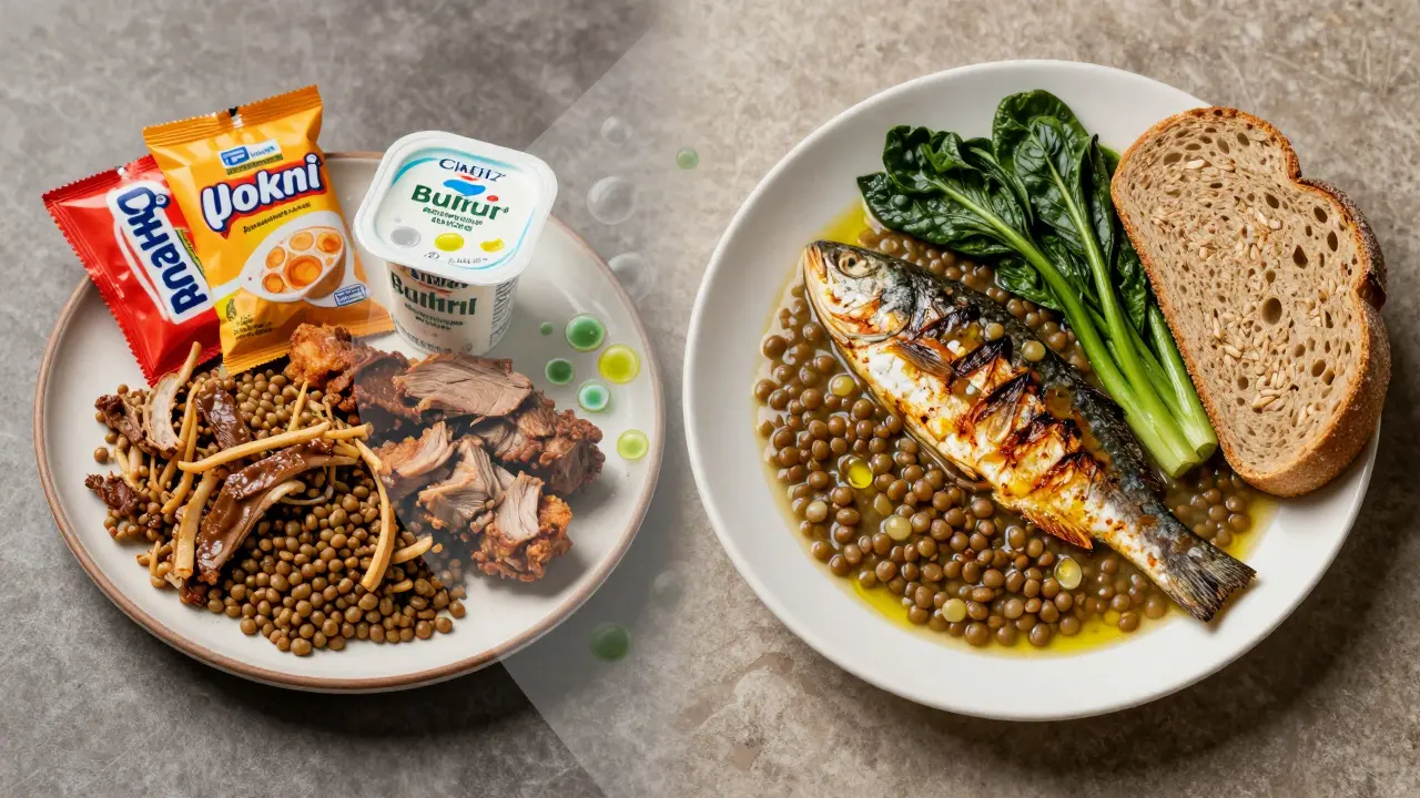 Dvě talíře: zpracovaná jídla na jedné straně, zdravá jídla na druhé.