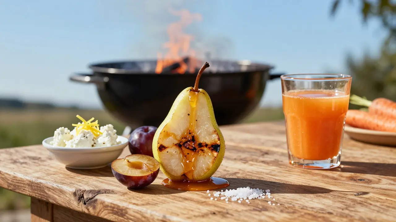 Grilované hrušky a švestky s kozím sýrem, citronovou kůrou a solí na venkovském stole.