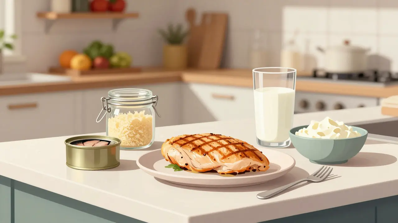 Grilované kuřecí prsa, Parmesan, tuník a tvaroh na kuchyňském stole s mlékem.