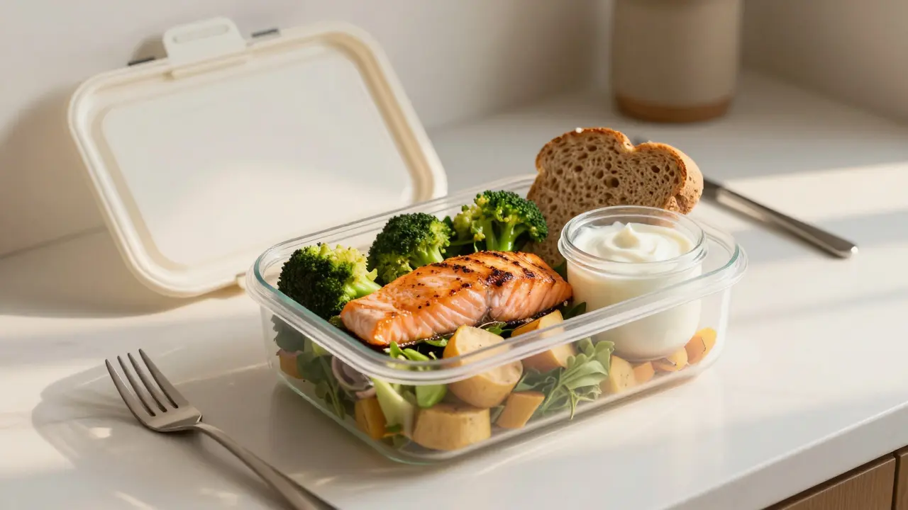 Grilovaný losos s brokolici a celozrnným chlebem v připravené nádobě