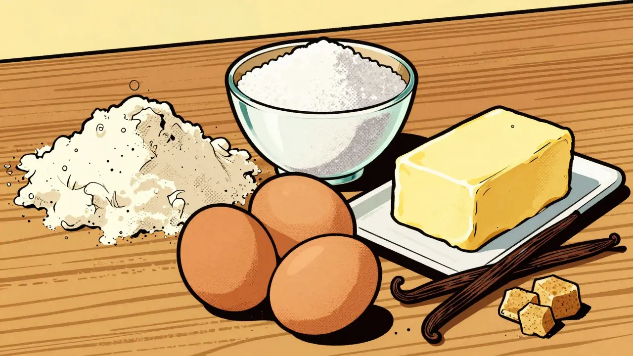 Ingredience vanilkového koláče na dřevěné desce.