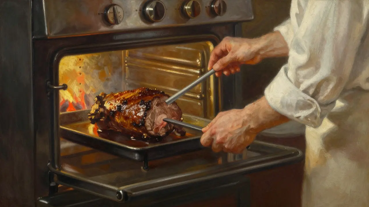 Kuchař kontroluje vnitřní teplotu hovězí pečeně