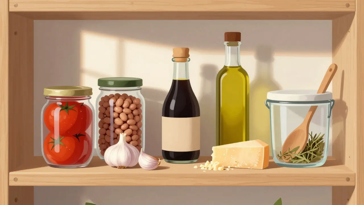 Kuchyňská polička s základními surovinami pro rychlé vaření: konzervy, olej, česnek, bylinky.