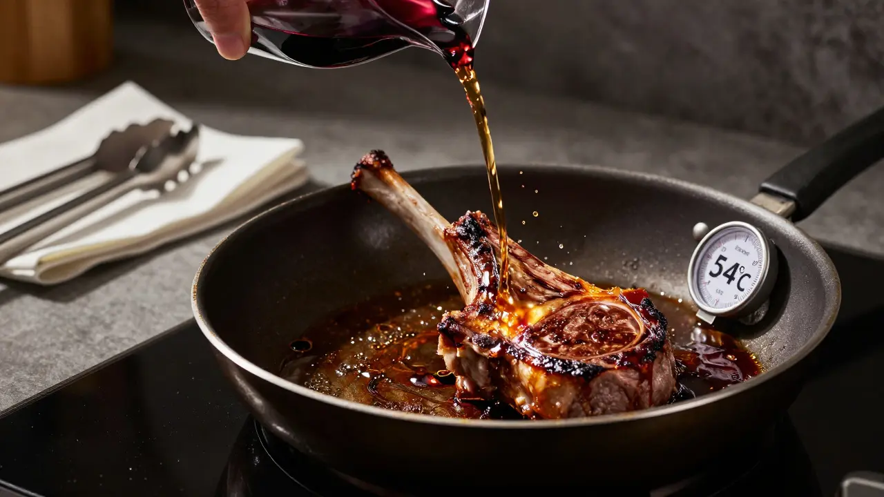Lamb chop with fond in pan being deglazed with wine, meat thermometer showing 54°C, dramatic kitchen lighting.