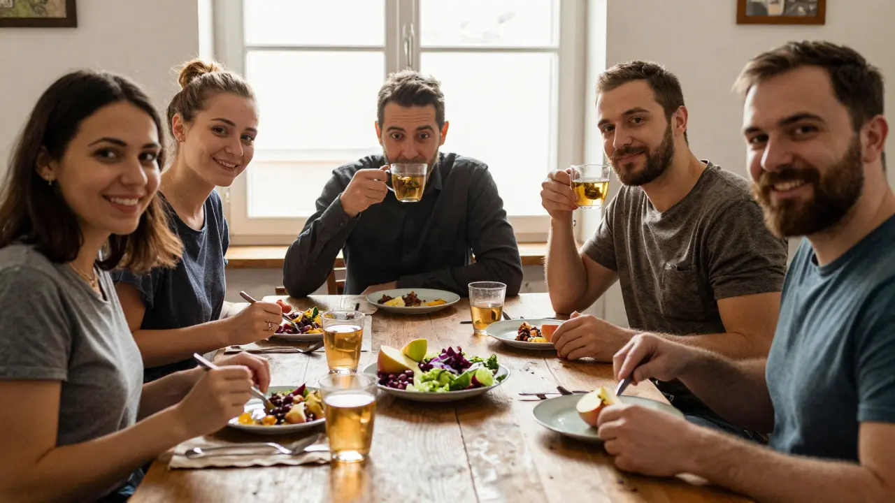 Lidé v Olomouci společně jídí zdravou jídelníčku s ovoce, zeleninou a čajem.