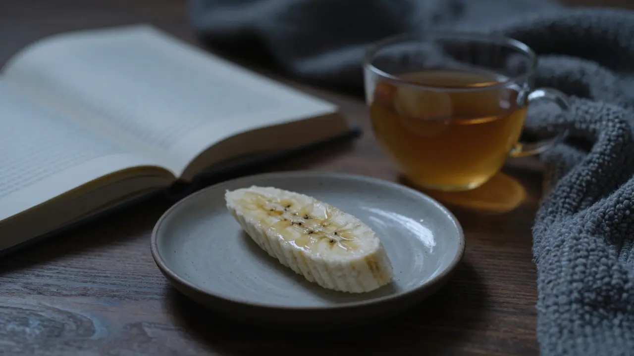 Malý kousek banánu na talíři vedle čaje ve večerním světle.