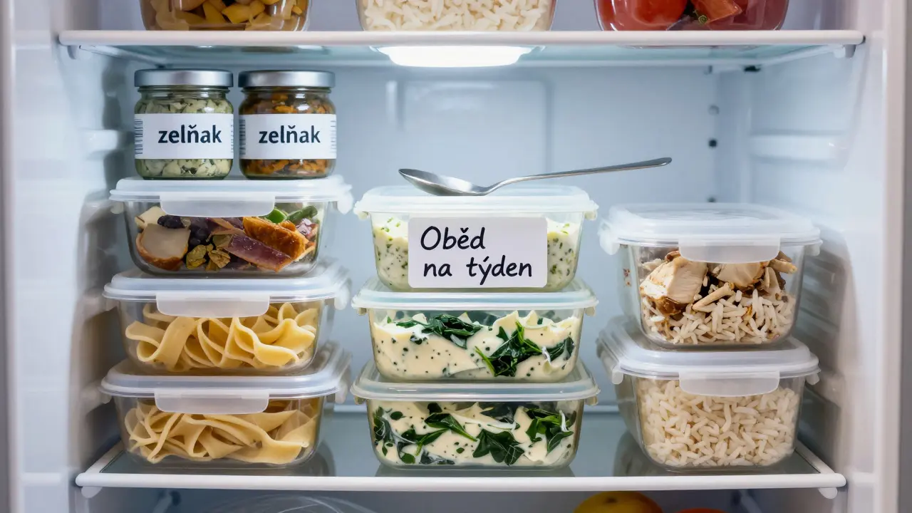 Mrazák plný připravených obědů v českých nádobách s ručně napsanými štítky.