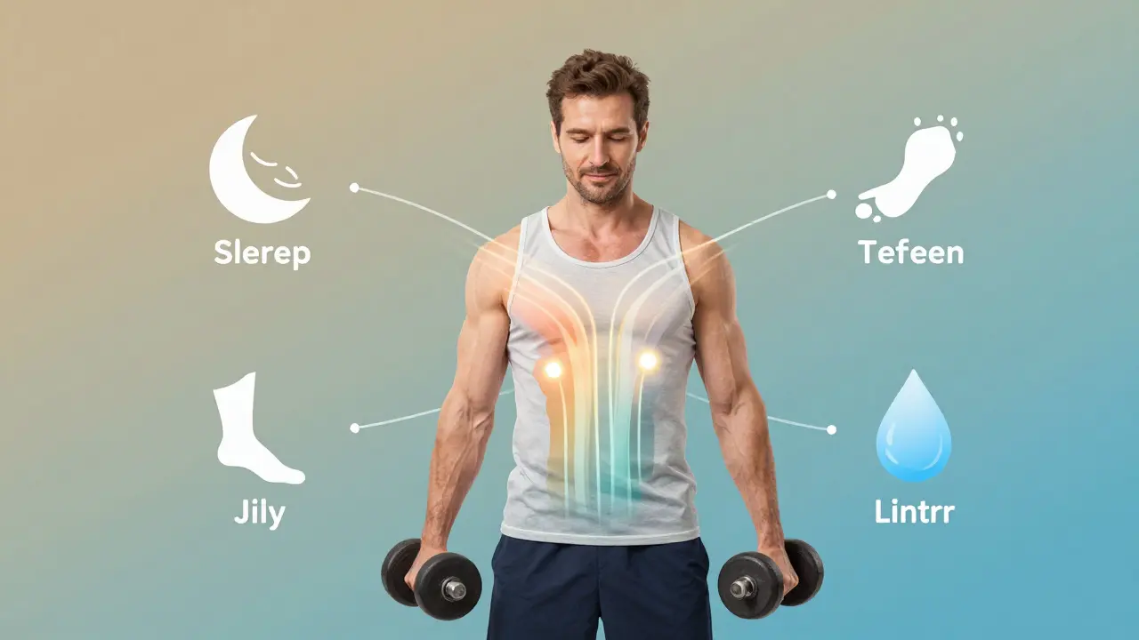 Muž v tělocvičně s grafickým znázorněním energie z jídla.