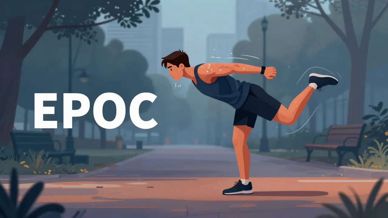 Osoba dělá HIIT trénink na parku při světle dne, s energií kolem těla.