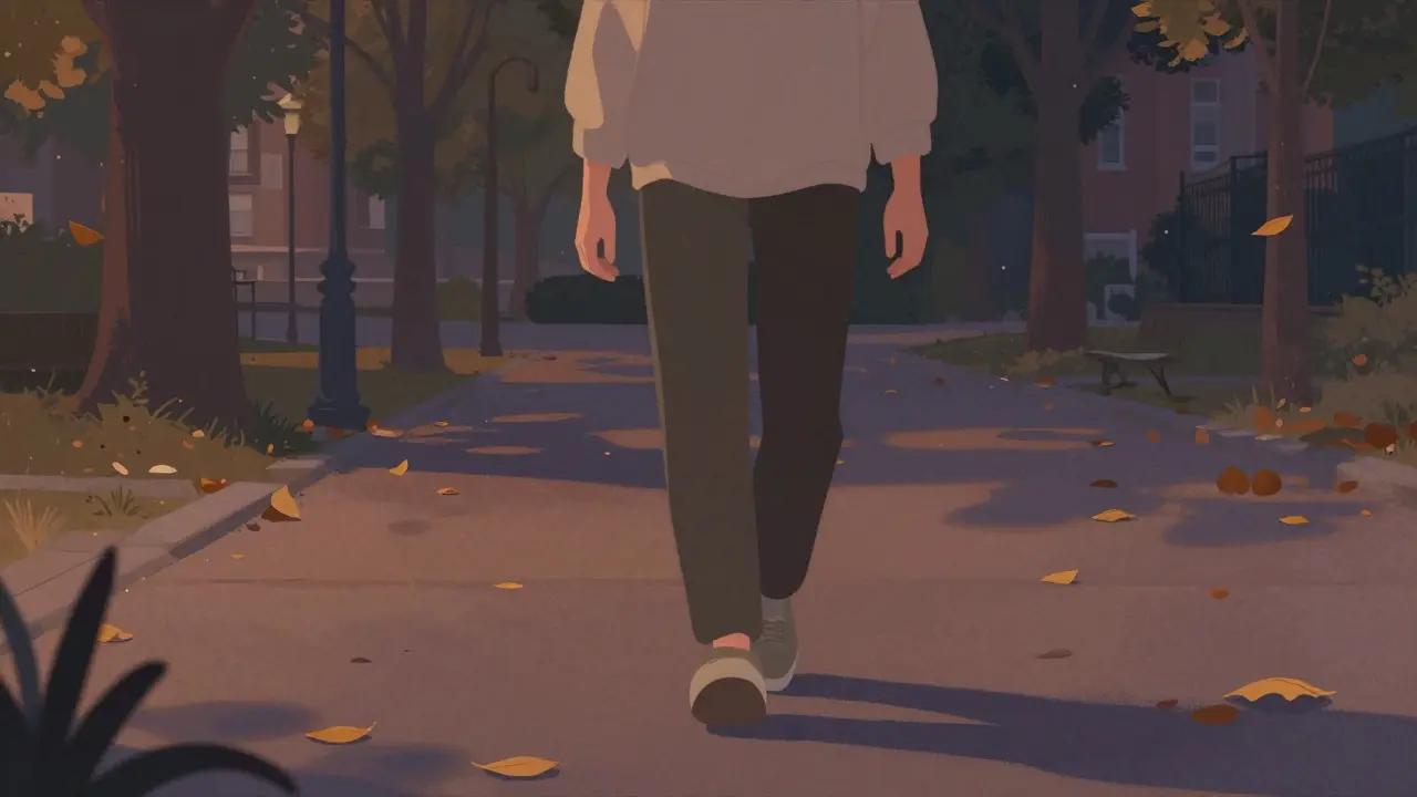 Osoba procházející večerním parkem bez telefonu, symbolizující přechod od návyku jíst k klidu.