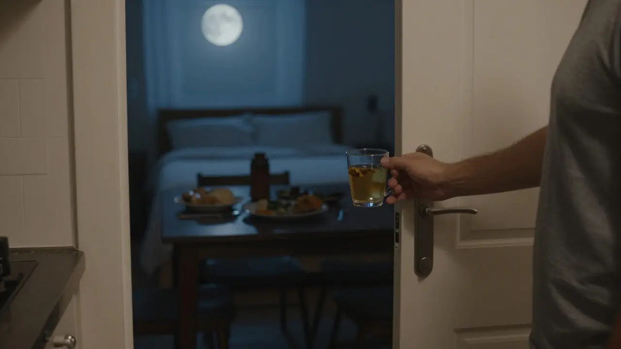 Osoba v temné kuchyni drží bylinný čaj, zatímco večerní jídlo zaniká ve stínu.