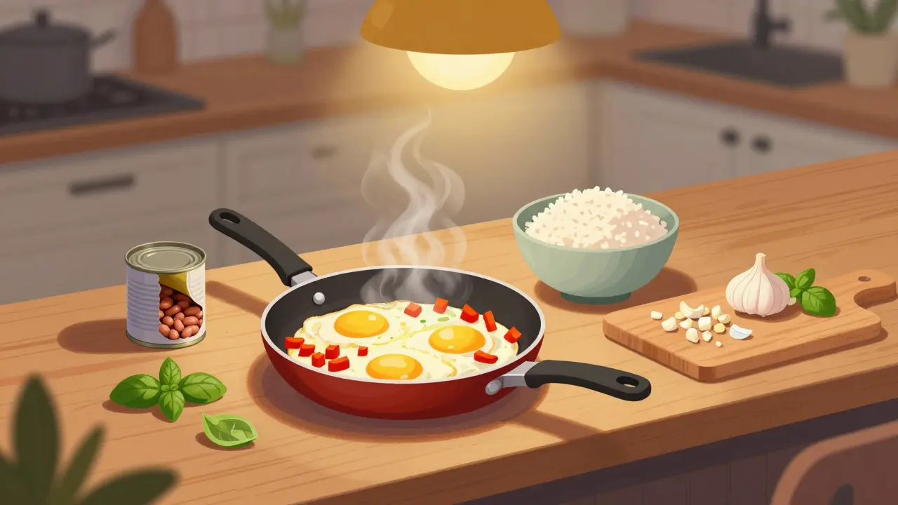 Pánve s vejci a paprikou, připravená rýže a konzervované fazole na dřevěné desce s česnekem a cibulí.