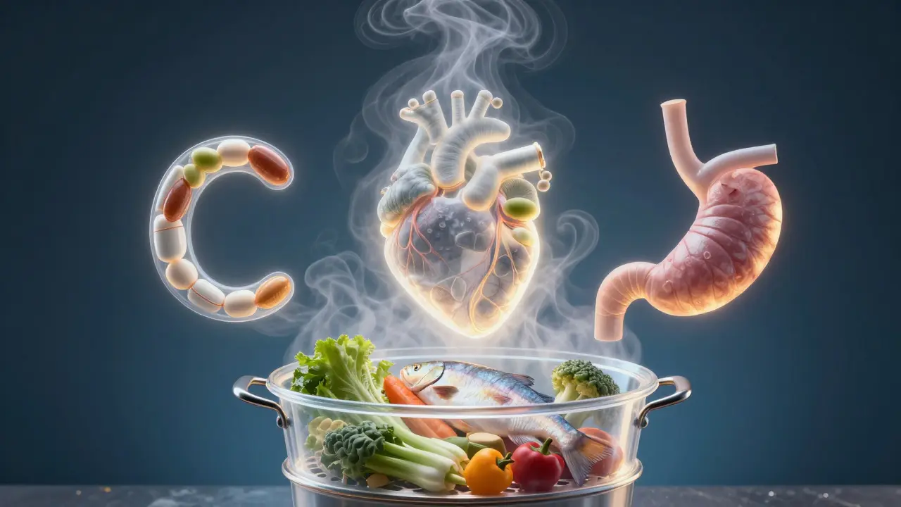 Pára tvoří tvar vitamínů a orgánů, symbolizující zachování živin při páření.