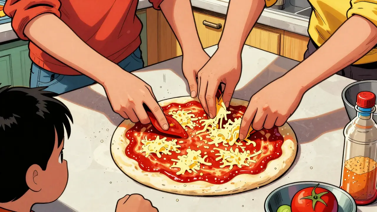 Pizza s rajčatovou omáčkou a sýrem na připraveném těstě