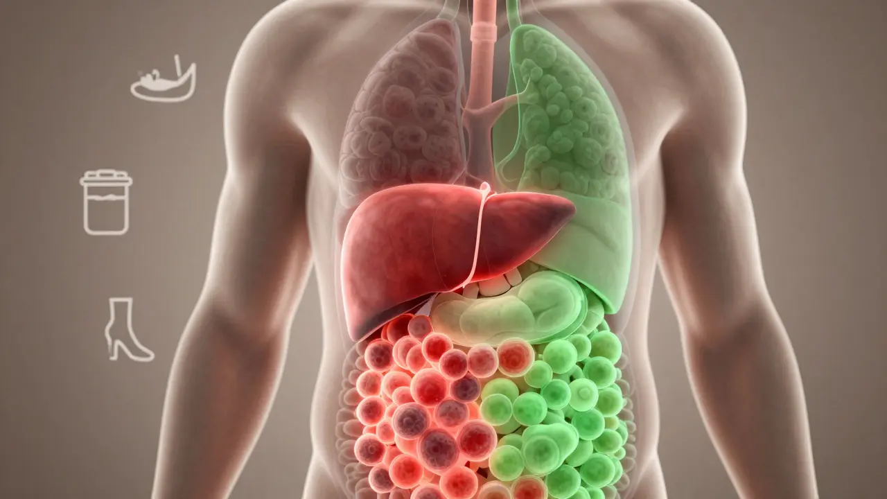 Přehled těla s viditelnými metabolismem a zánětem břišního tuku, doprovázený ikonami spánku a pohybu.