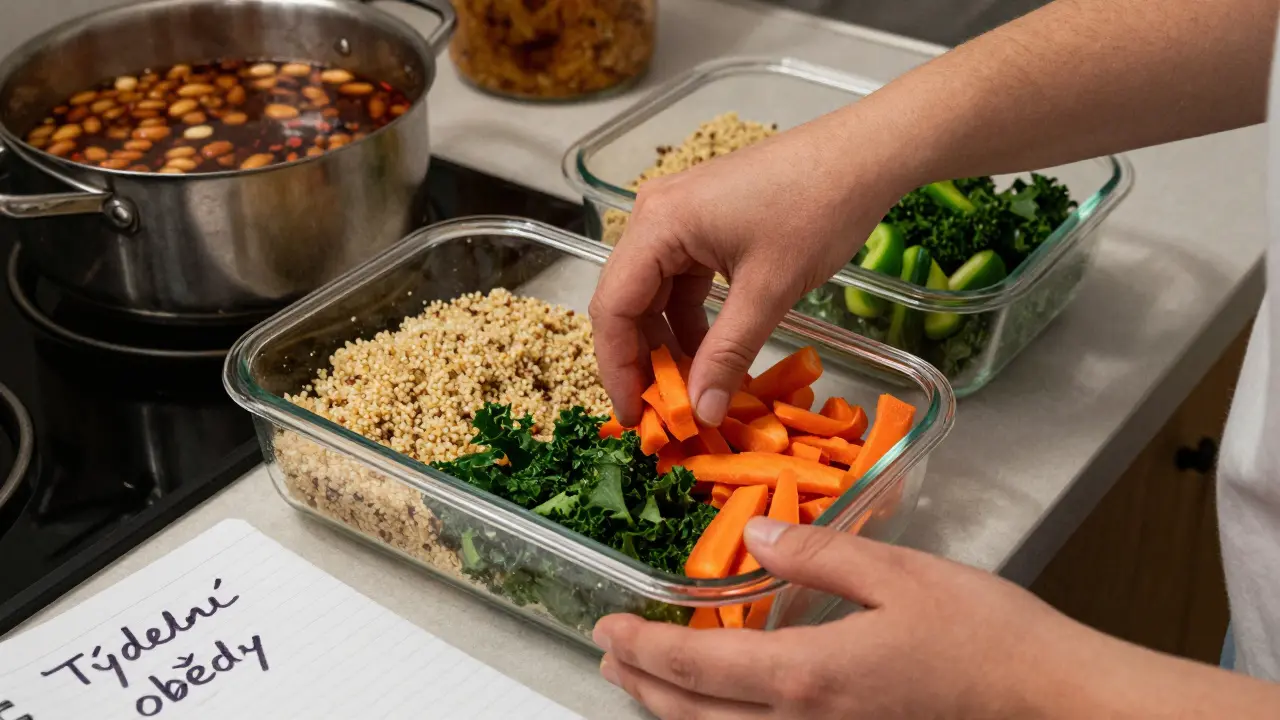 Příprava obědů do skleněných nádob s nakrájenou zeleninou a quinoou