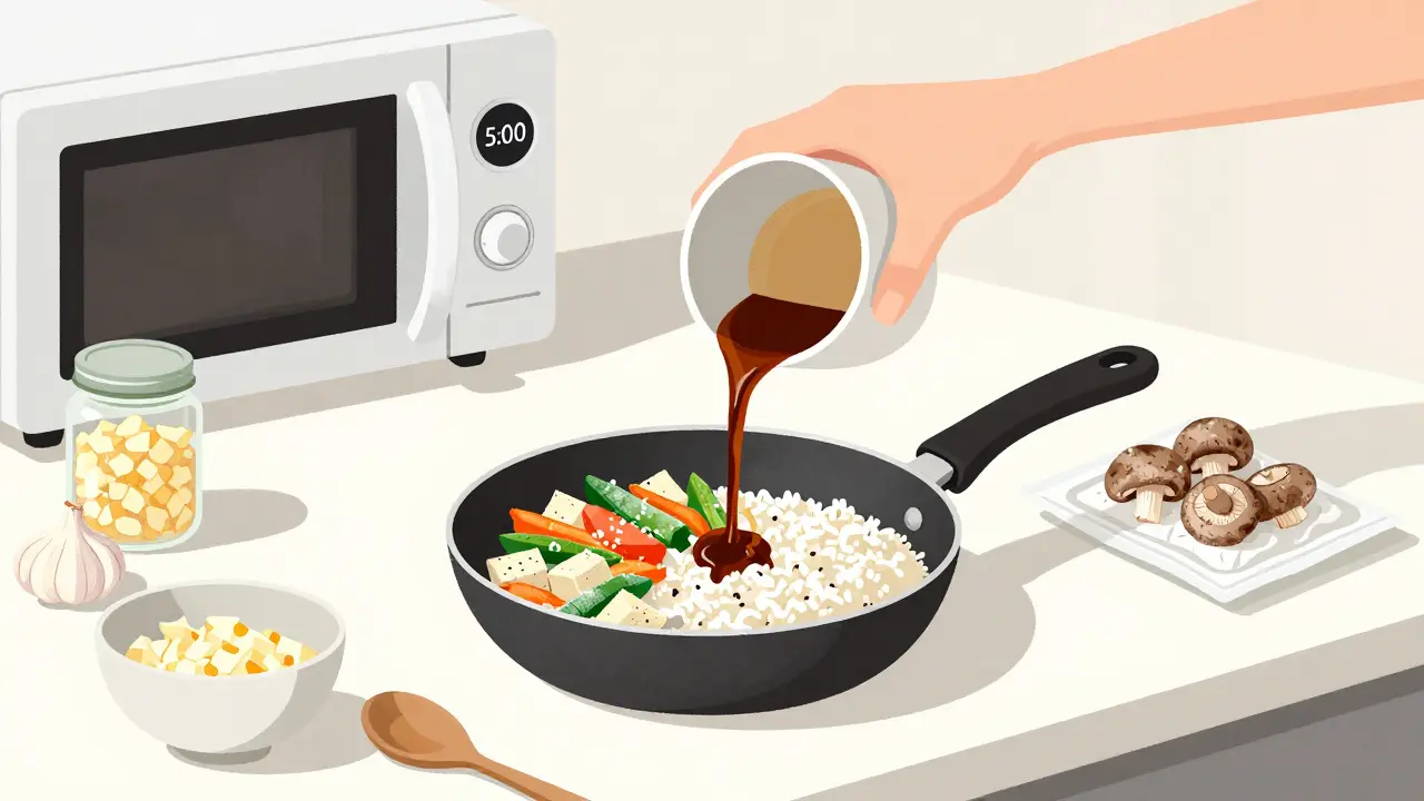 Příprava rýže s tofu a zeleninou na pánvi s připravenými ingrediencemi na stole.