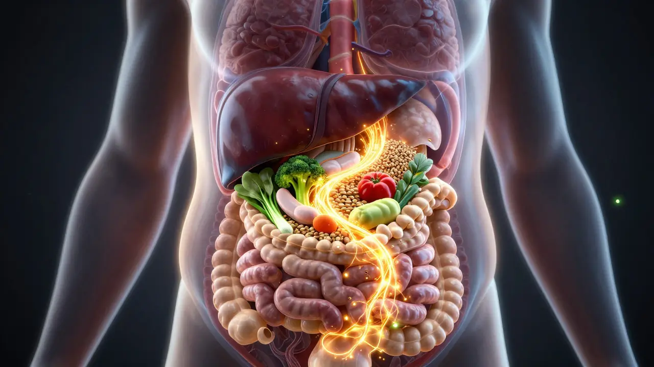 Průřez těla s přechodem tukových uskladnění na vnitřních orgánech na čisté výživové cestě.