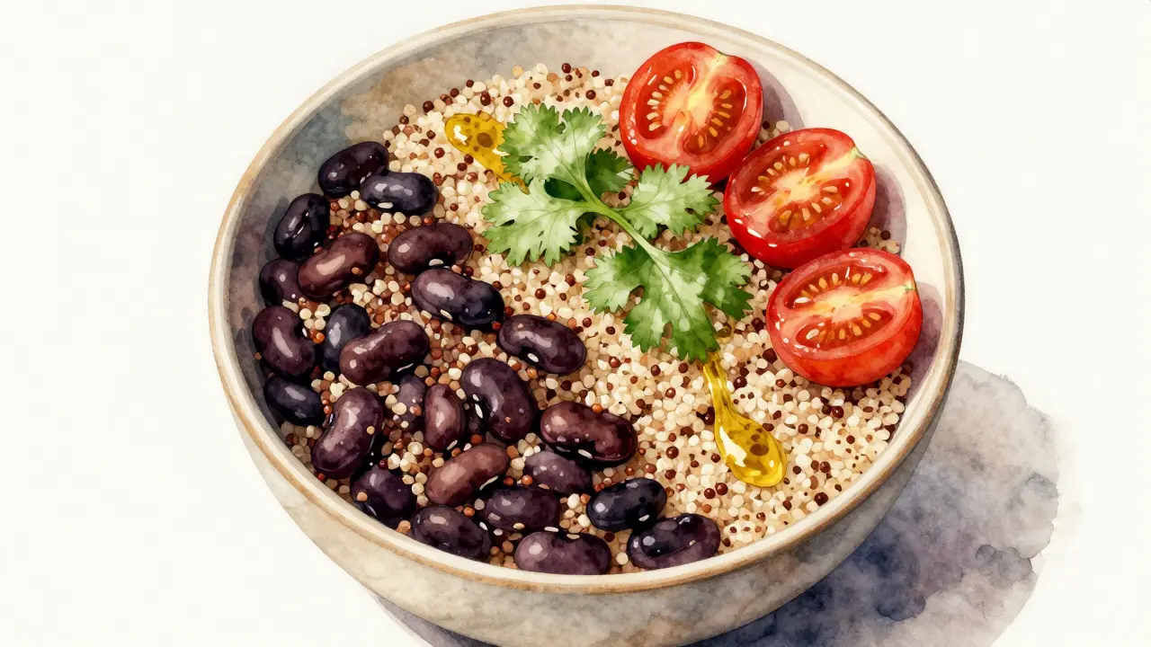 Quinoa s fazolemi, rajčaty a koriandrem v misce