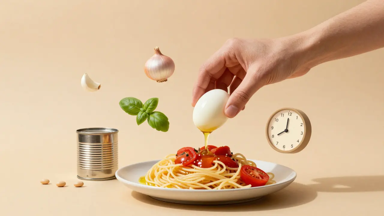 Ruka klade vařené vejce na těstoviny s rajčaty a olivovým olejem, kolem toho symbolem základních ingrediencí.