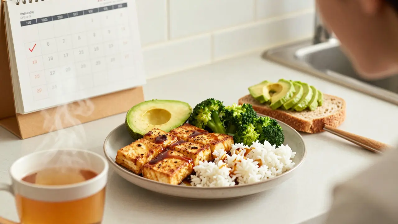 Rychlé jídlo s tofu, zeleninou a avokádem na talíři, teplý čaj na pozadí.