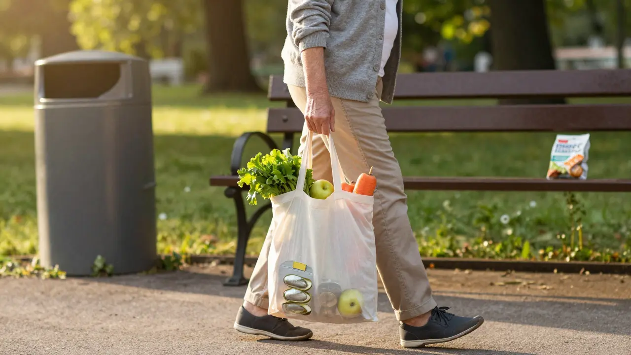 Starší osoba s nákupem čerstvých potravin v parku při zlatém světle.