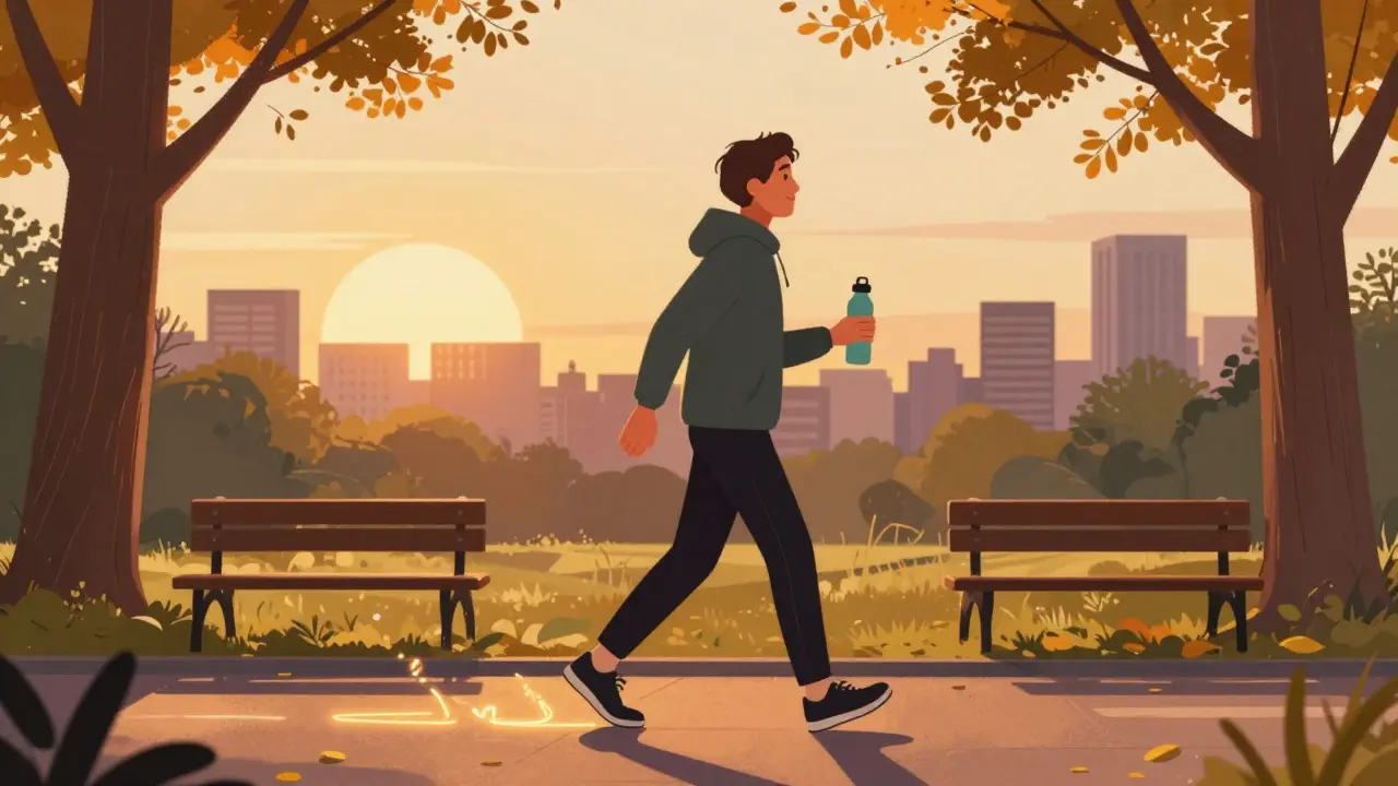 Středně stará osoba se prochází na večerním slunci v parku, symbolizující pohyb pro ztrátu břišního tuku.