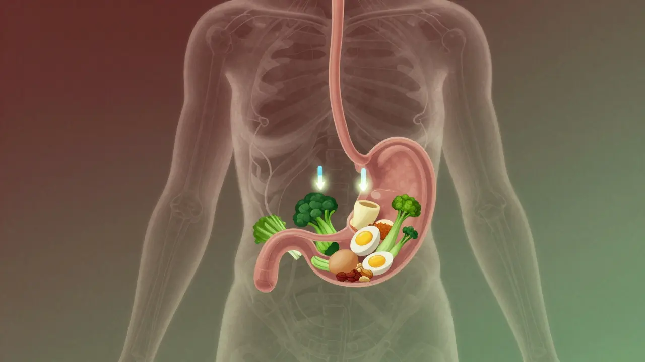 Transparentní lidské tělo s hormony inzulin a leptin, které reagují na zdravé potraviny.